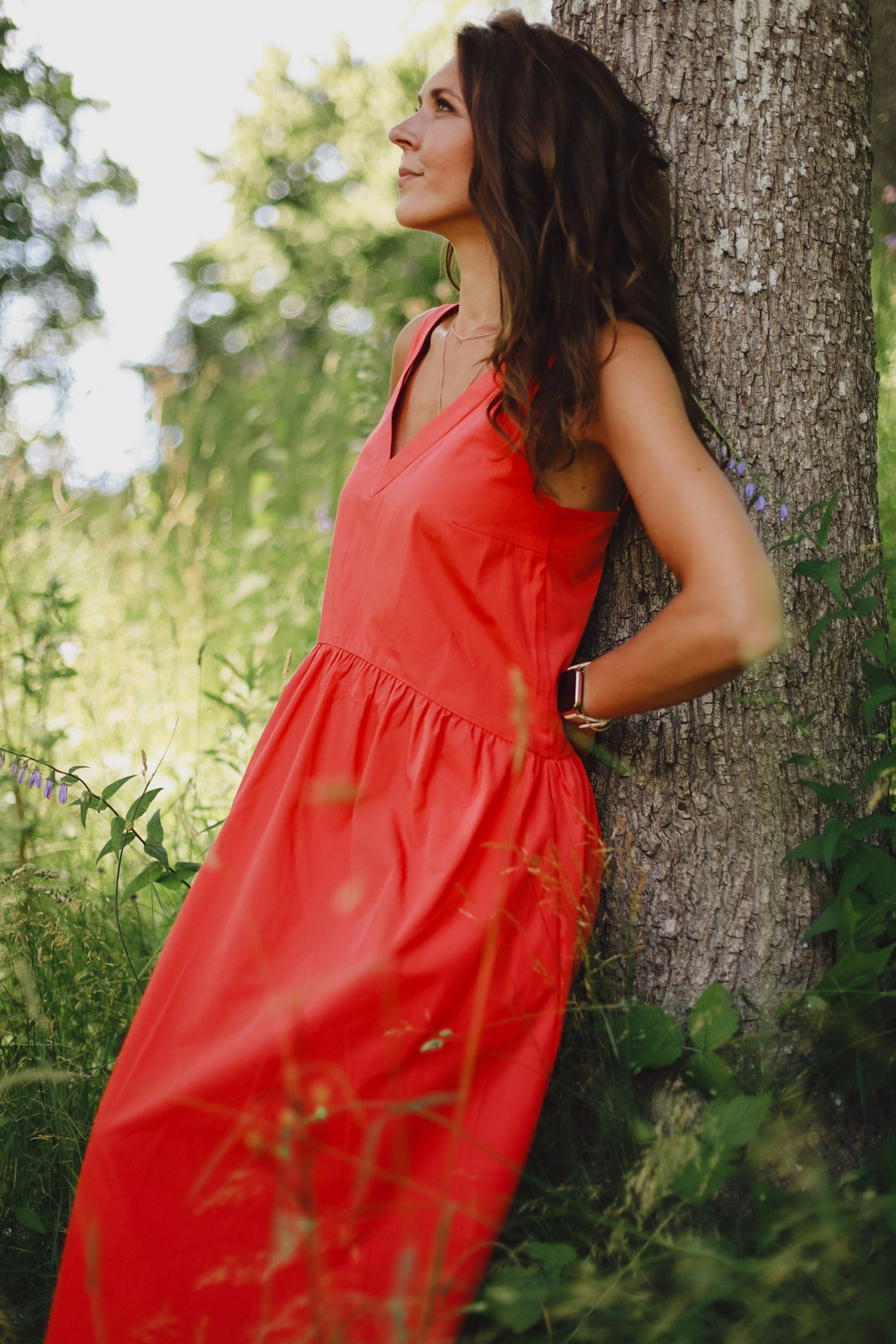 Organic cotton midi length summer dress in coral color GUNTINA Organic cotton midi length summer dress in coral color GUNTINA