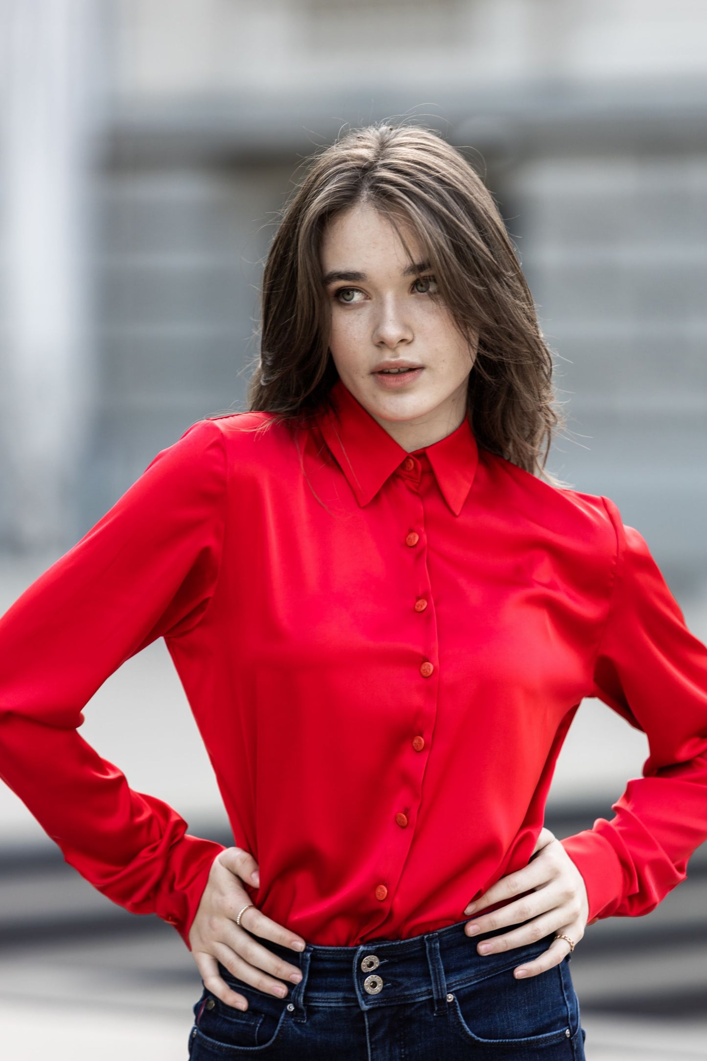 Classic satin blouse with buttons and collar