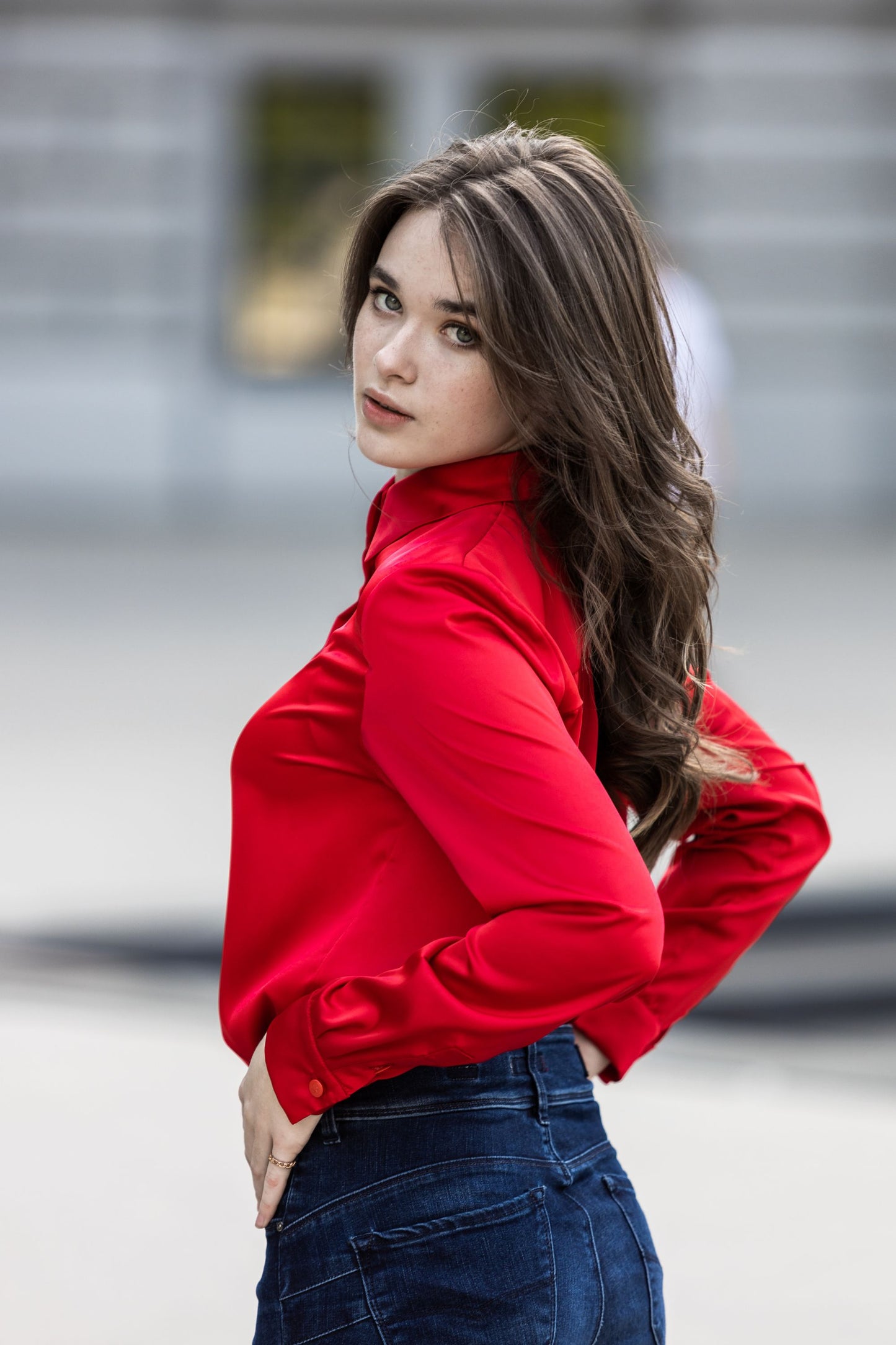Classic red satin blouse with buttons and collar