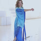 Satin kimono dress with color transitions in shades of blue