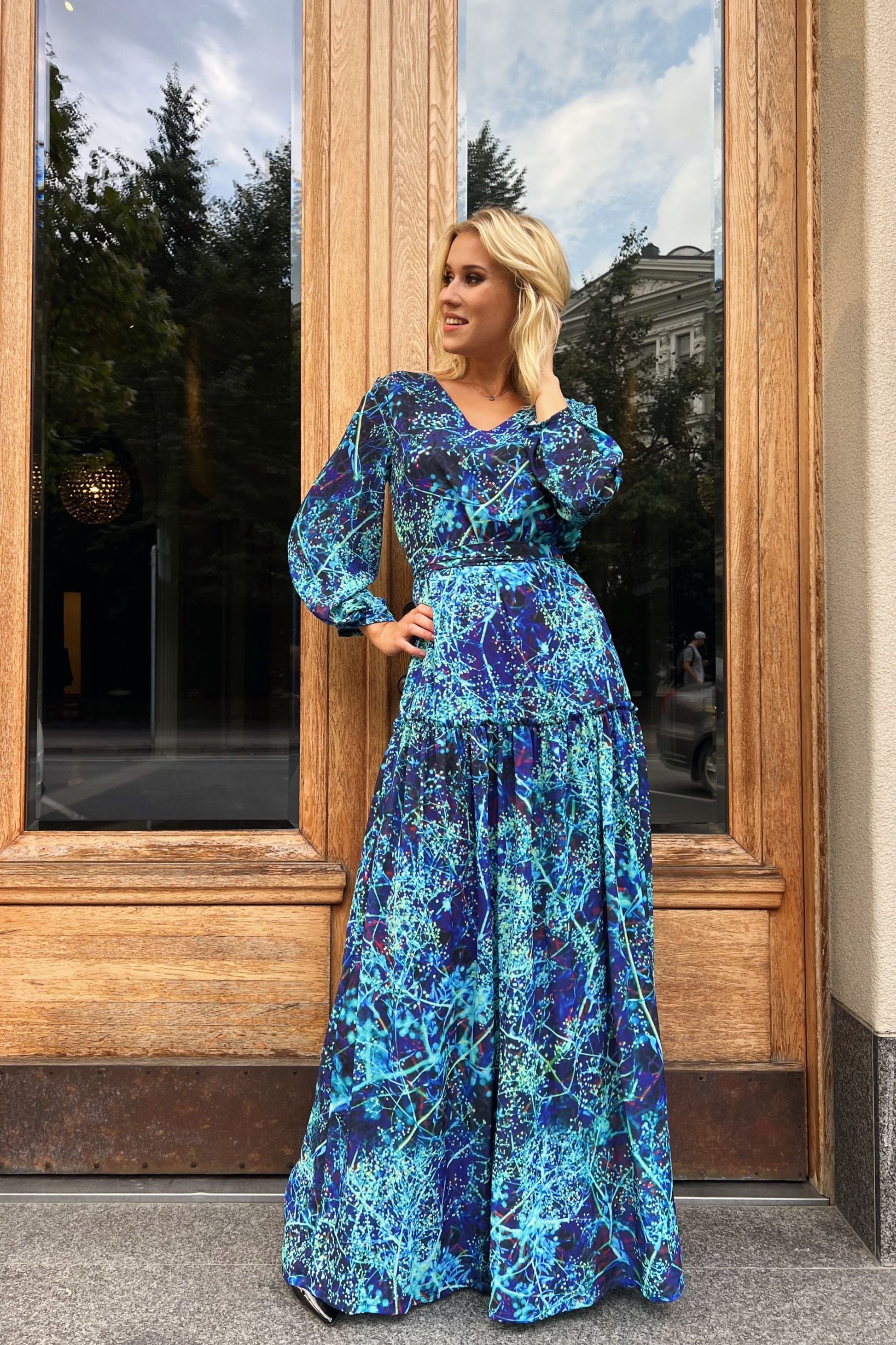turquoise chiffon maxi dress A-Line Chiffon Long Bridesmaid Dress With Slit in Turquoise, Turquoise / 30
