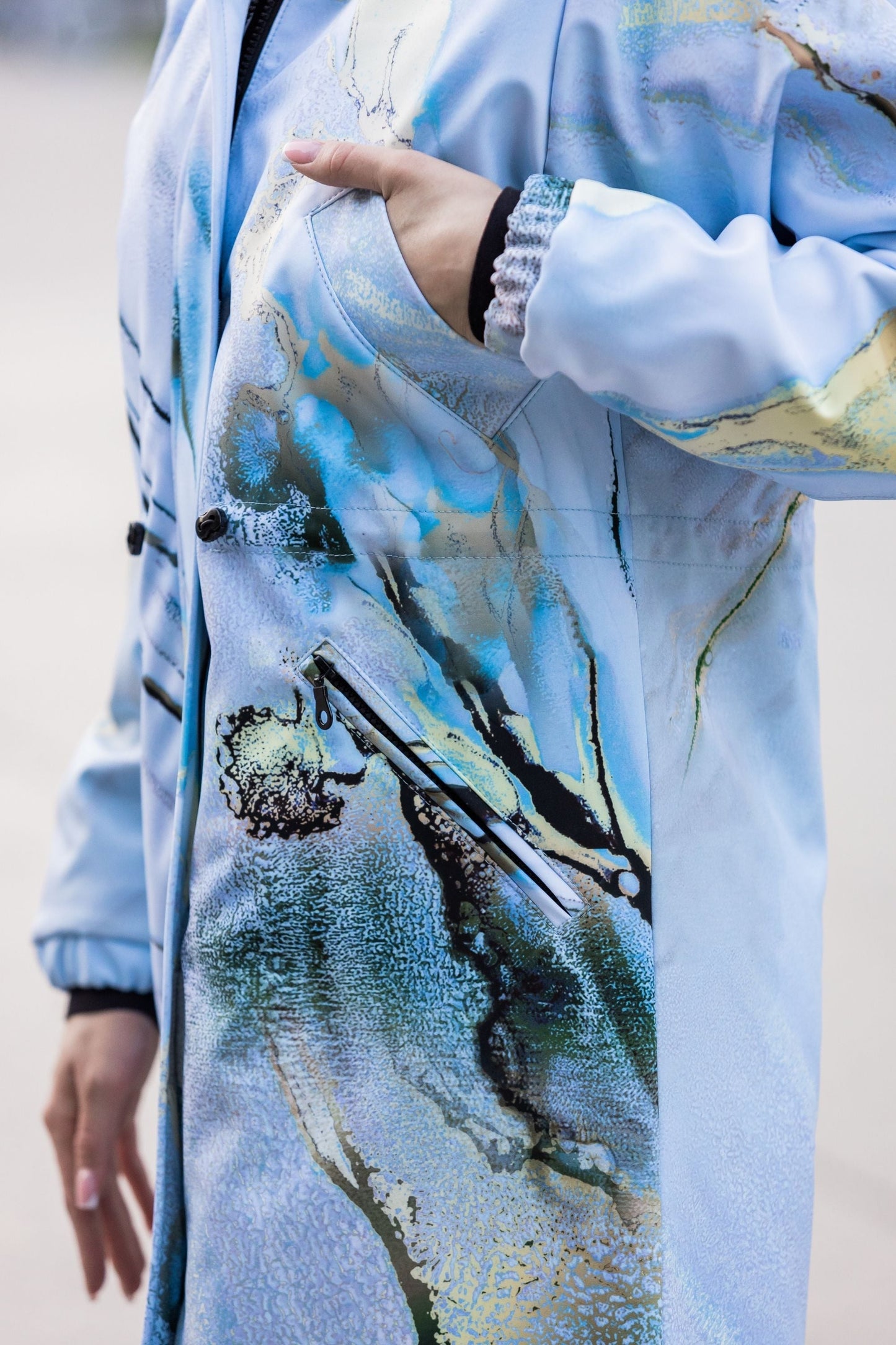 Softshell coat / parka with light blue and golden print