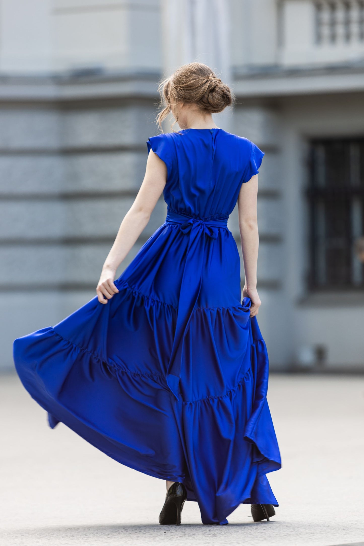 Blue Evening maxi satin dress with ruffles