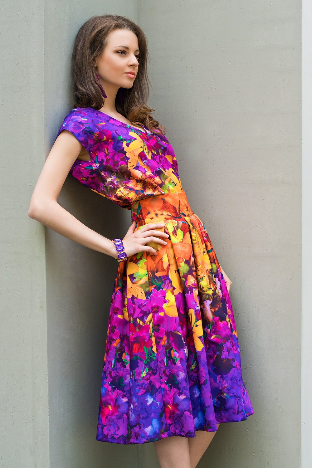 Yellow and purple thick skirts with floral print