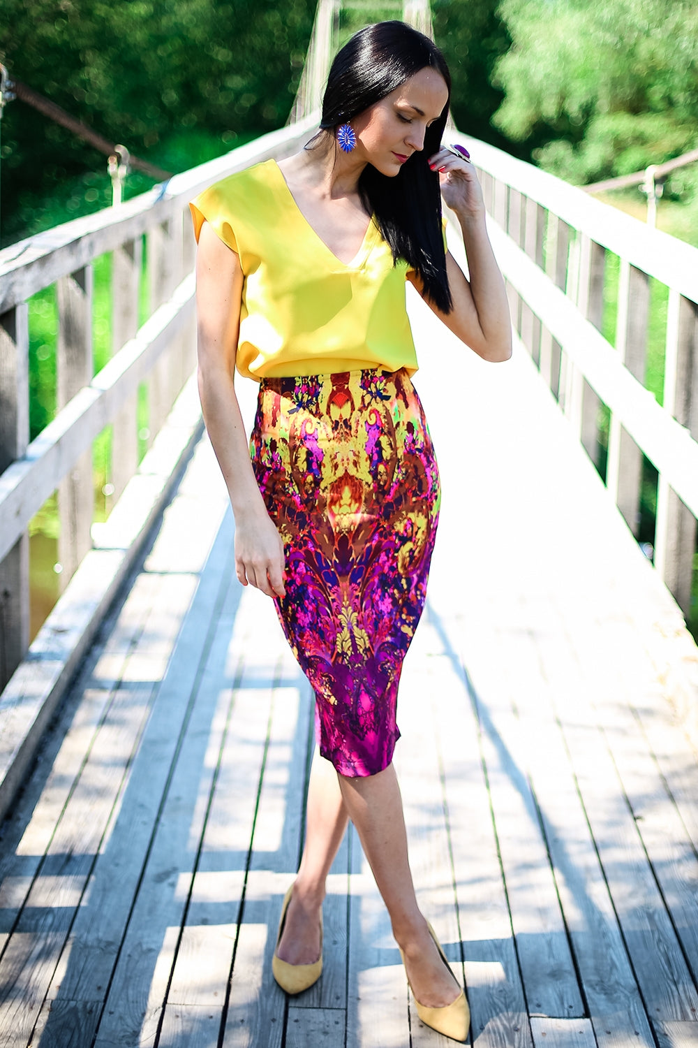 Pencil skirts with yellow-purple print