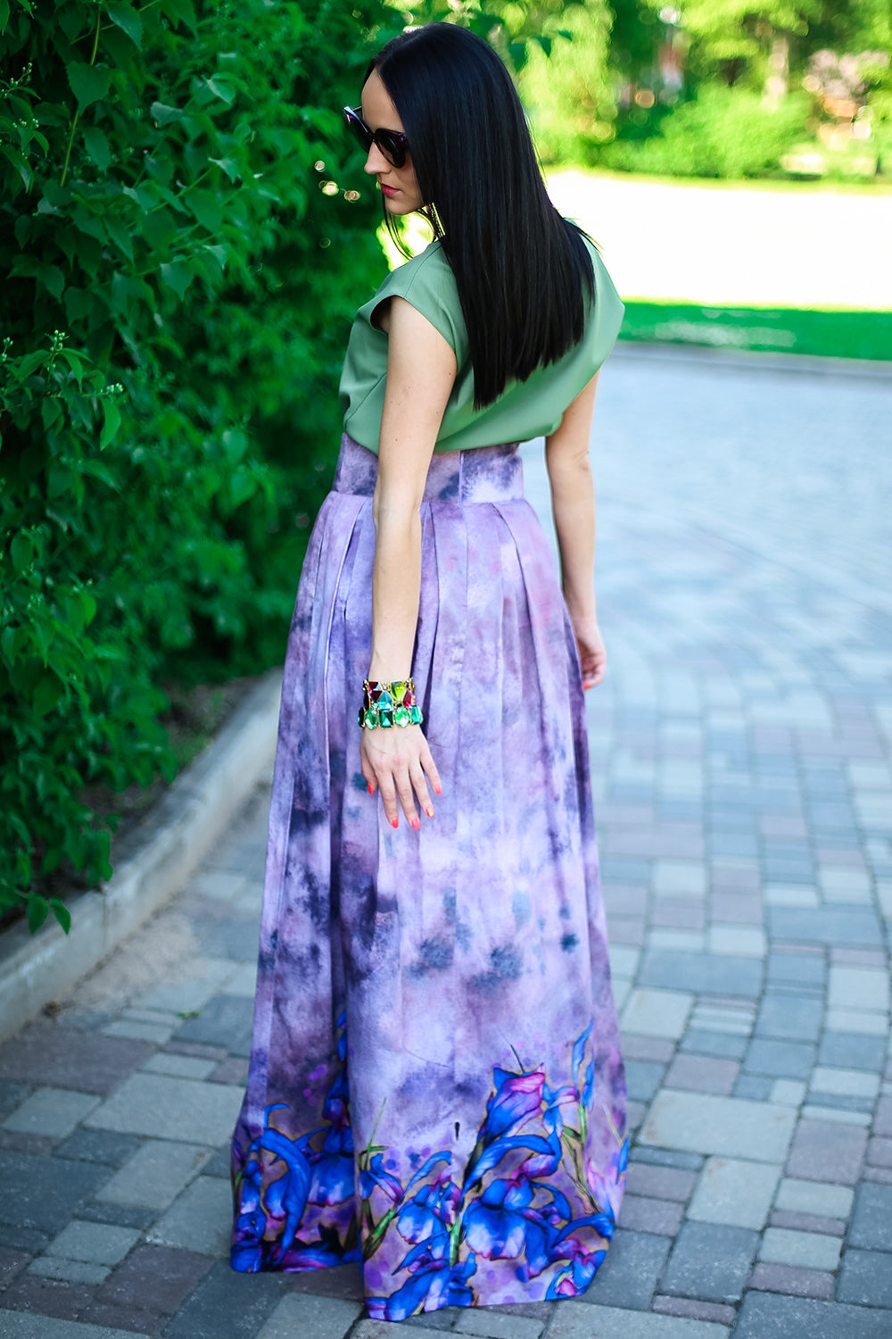 Long cotton skirt with painted iris print