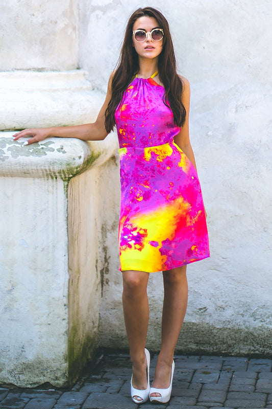 Bright artificial silk dress with abstract print