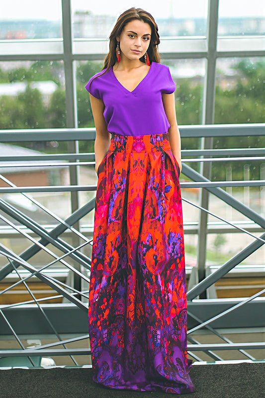 Red purple full skirts with flower print