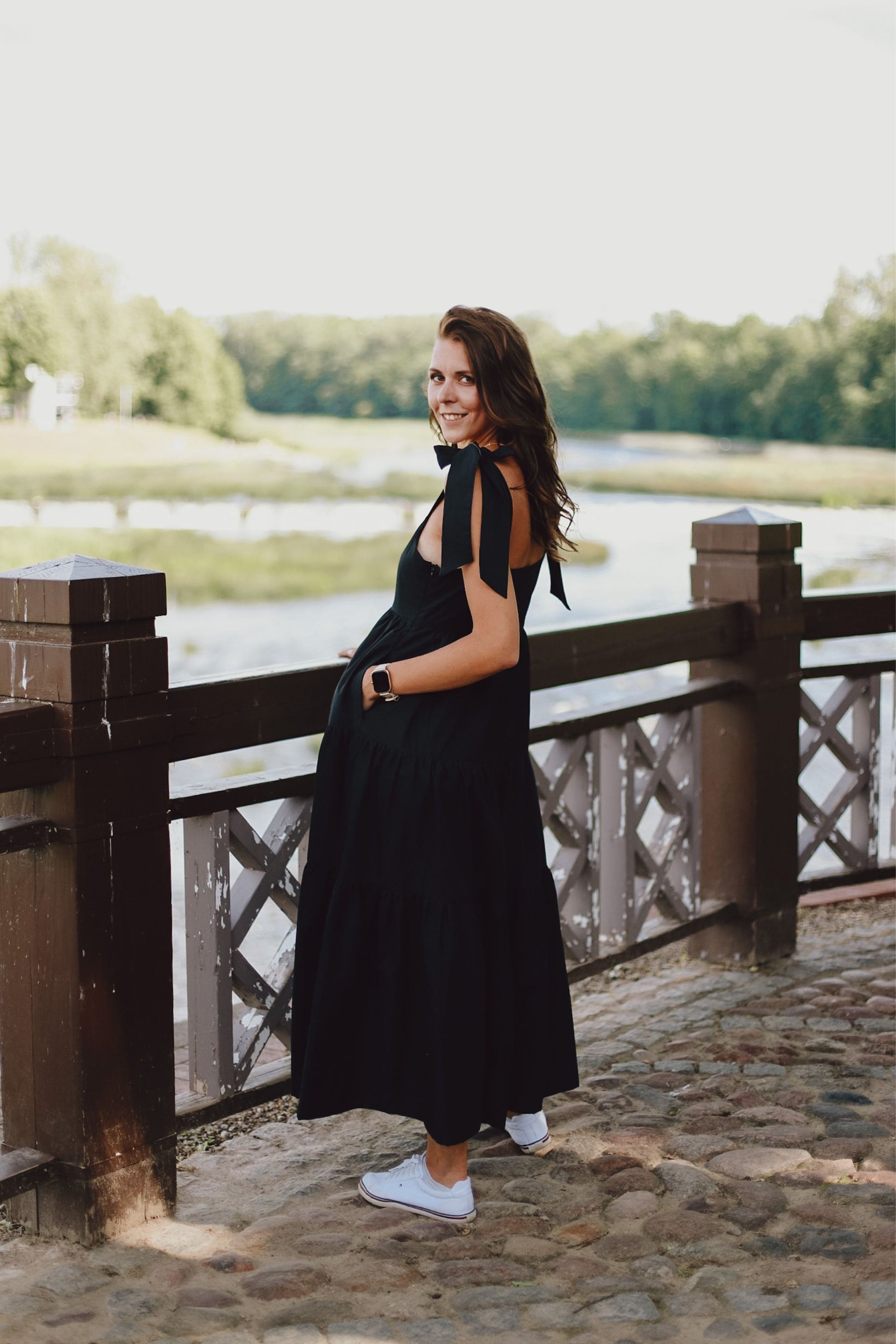 Black organic cotton dress with bows GUNTINA Black organic cotton dress with bows GUNTINA