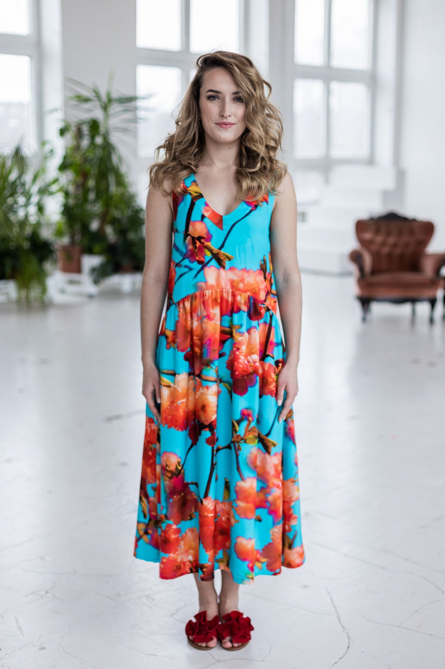 Midi length summer dress with ruffles