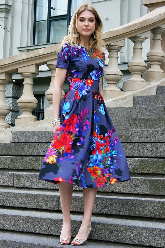 Gray dress with painted bright flowers