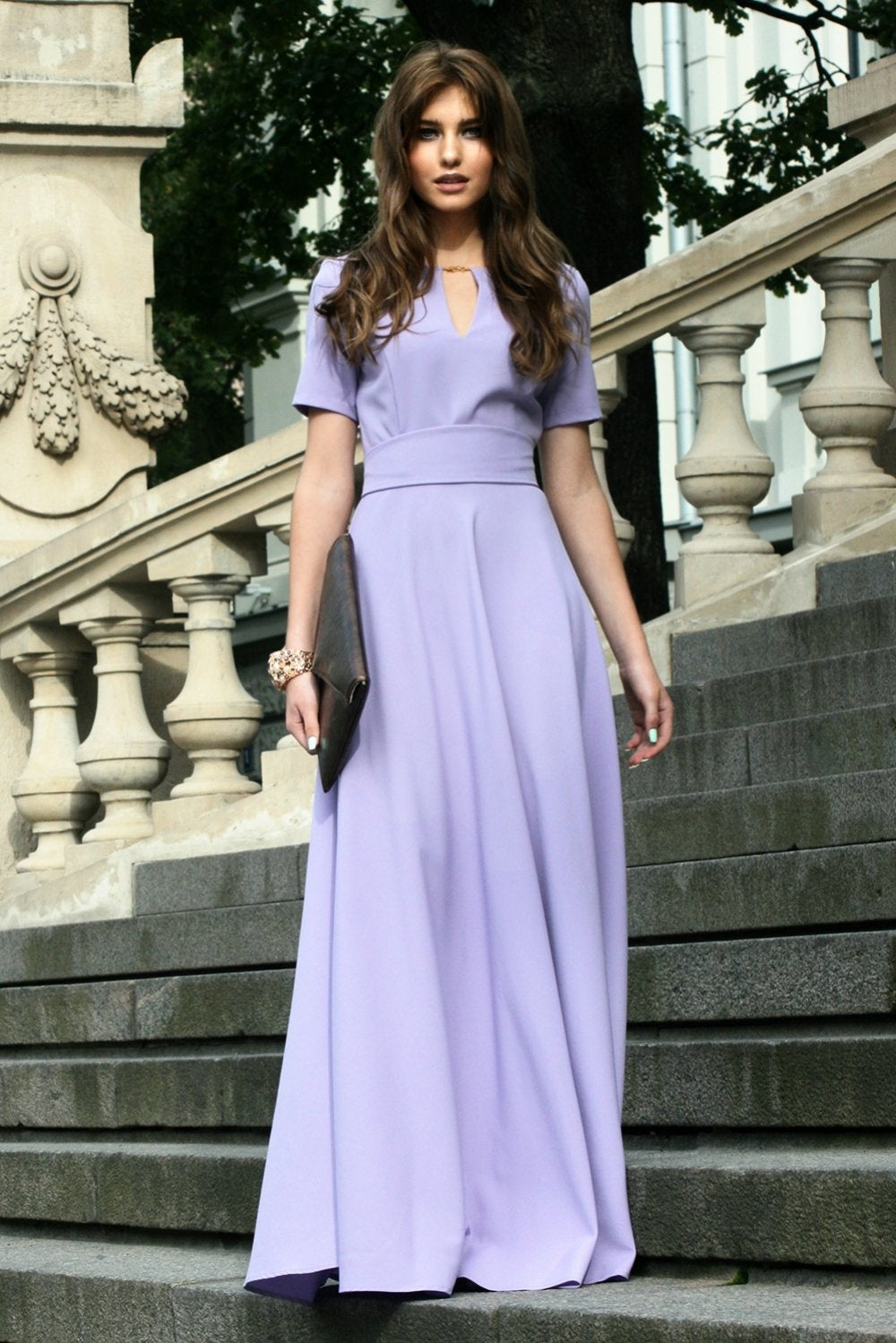 Light purple maxi dress with circle skirts and belt