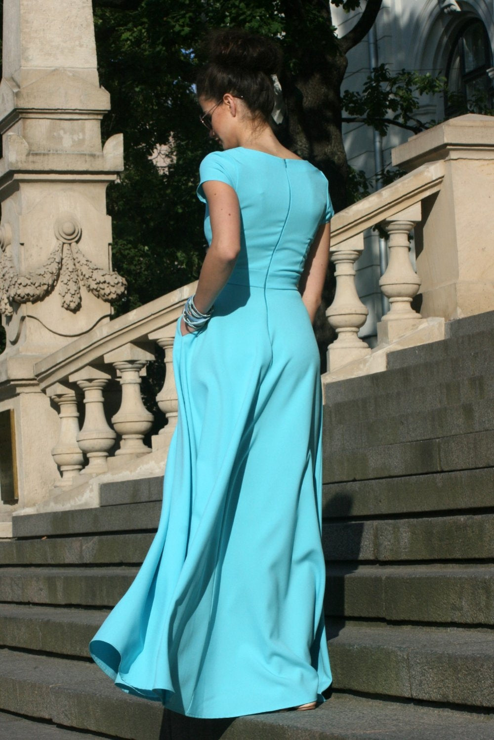 Light blue dress with v-shaped neckline