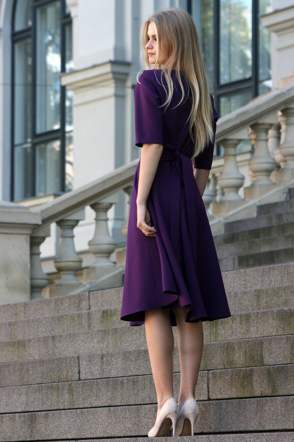 Dark purple dress with circle skirts. Golden color detail in neckline – GUNTINA