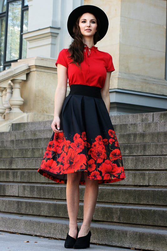 Black full skirts with painted poppies print