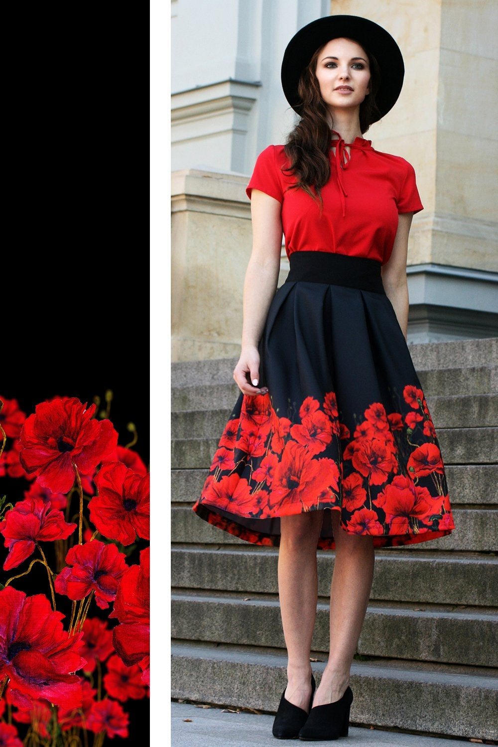 Black full skirts with painted poppies print