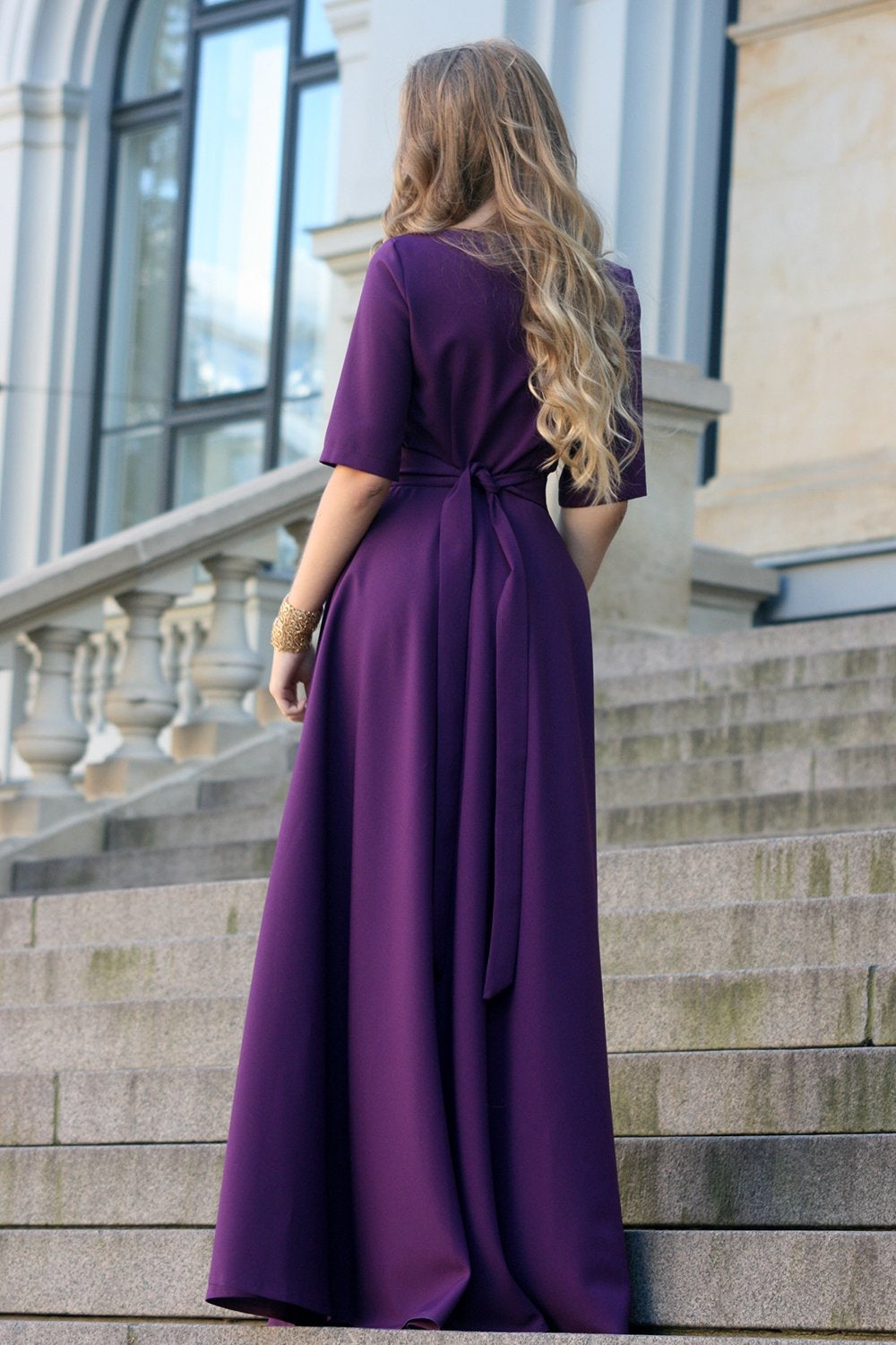 Dark purple maxi dress with circle skirts. Golden color detail in neck – GUNTINA