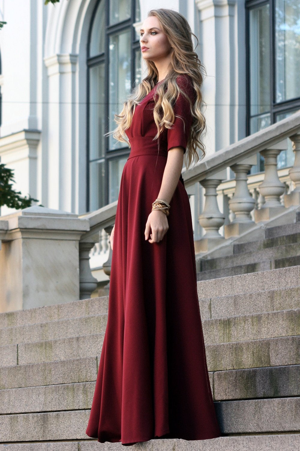 dark red dress Dark red maxi dress with circle skirts. Golden color detail in necklin – GUNTINA