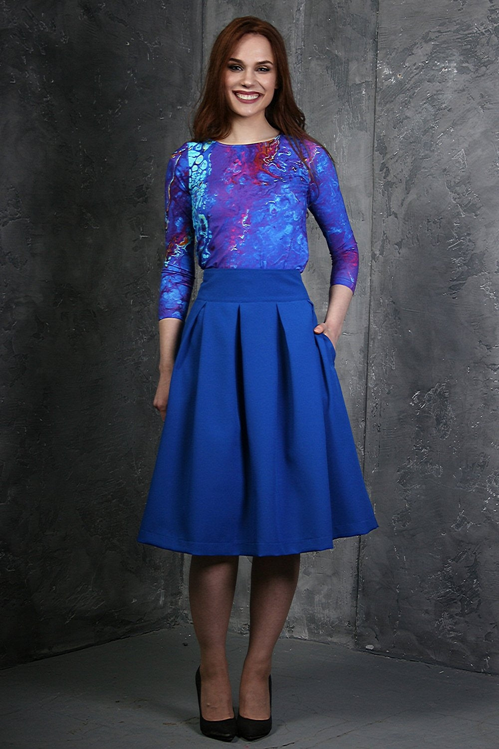 Blue flared skirts with side pockets