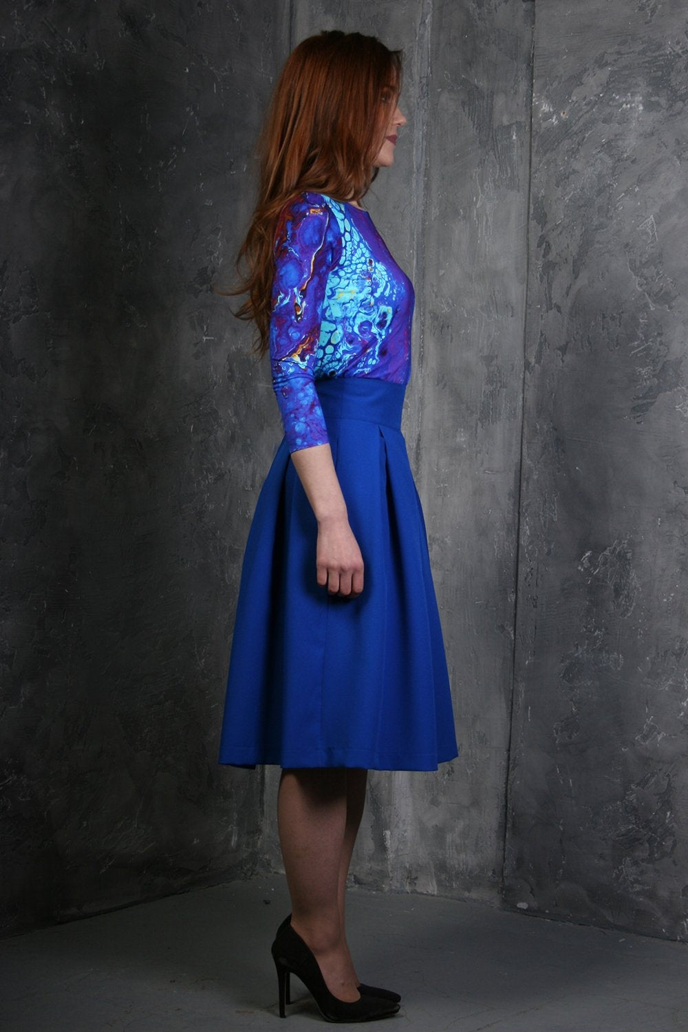 Blue flared skirts with side pockets