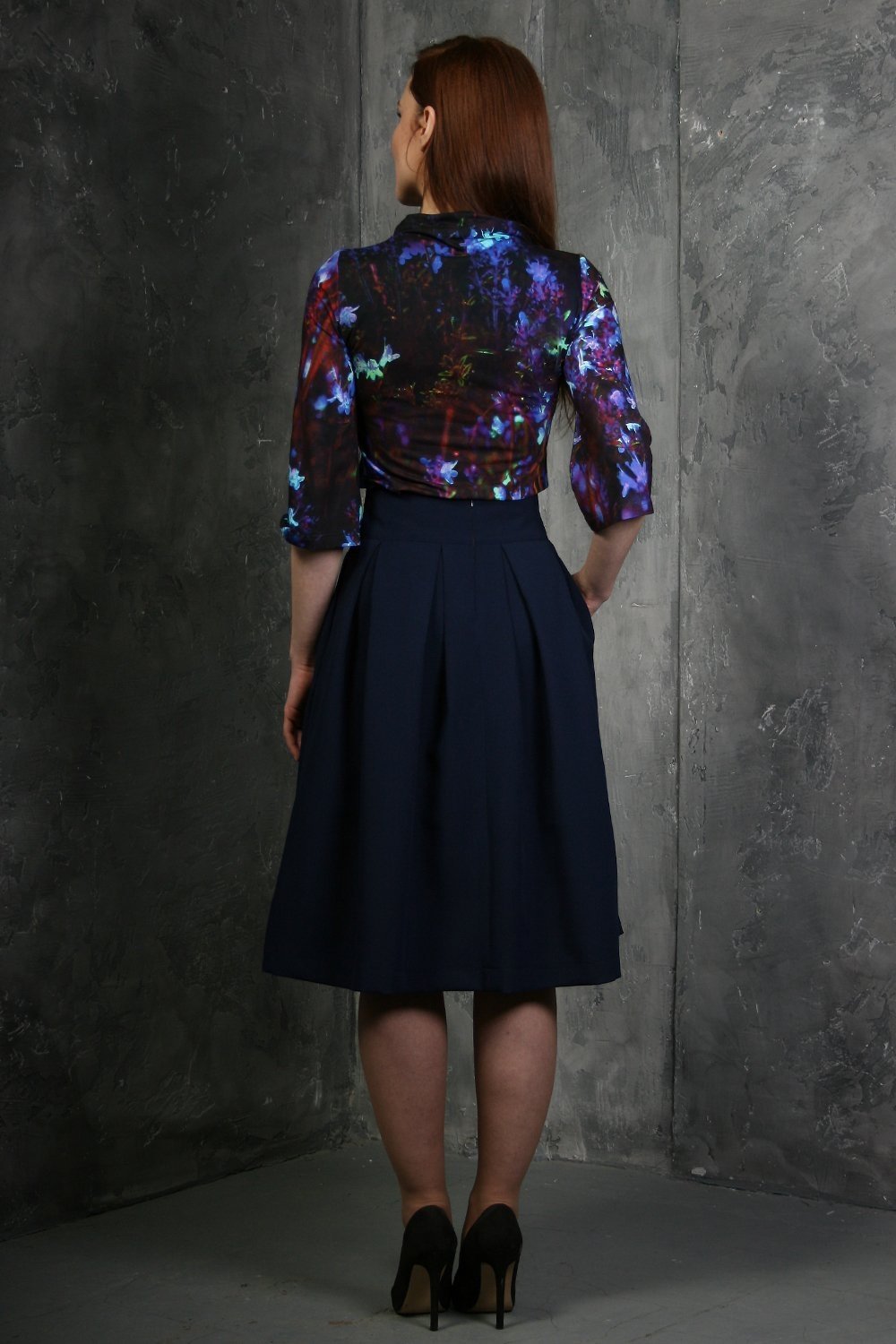 Dark blue flared skirts with side pockets
