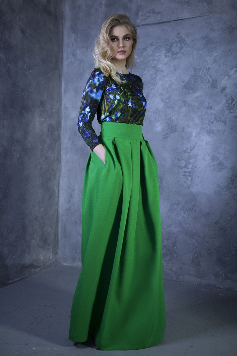 Green full maxi skirts with side pockets