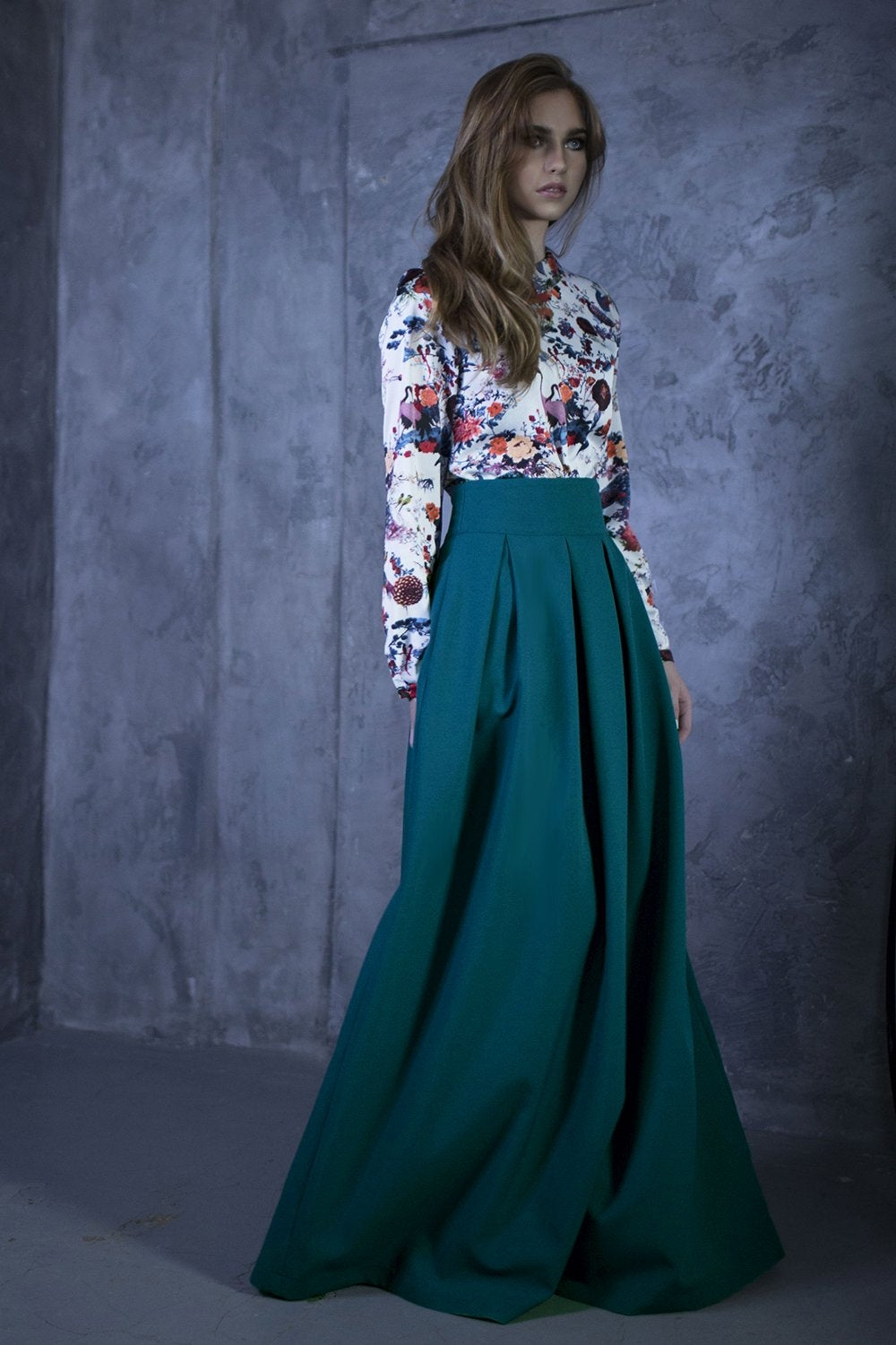 Blue green full maxi skirts with side pockets