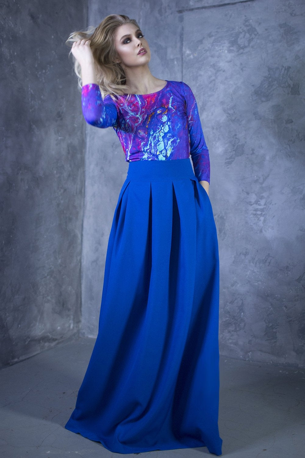 Blue full maxi skirts with side pockets