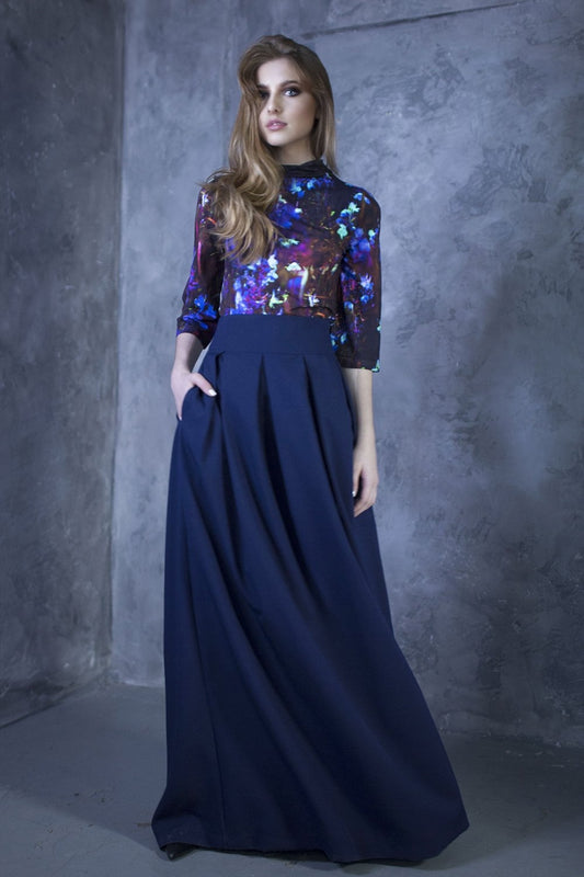 Dark blue full maxi skirts with side pockets
