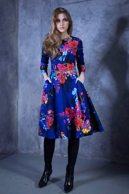 Dark blue full dress with painted flowers