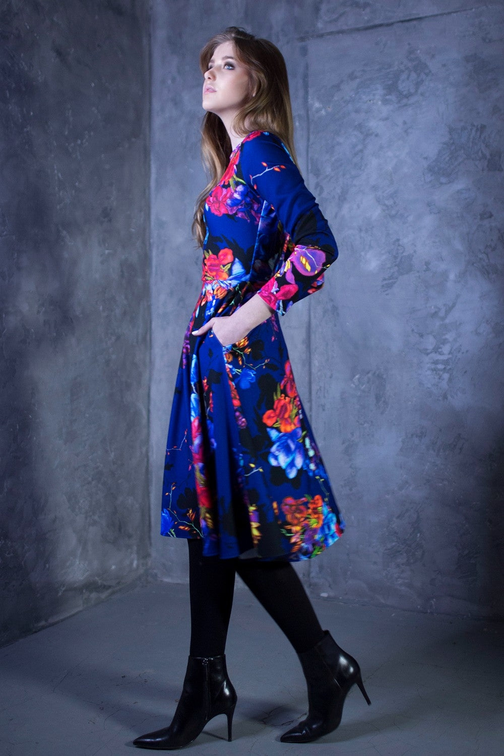 Dark blue full dress with painted flowers