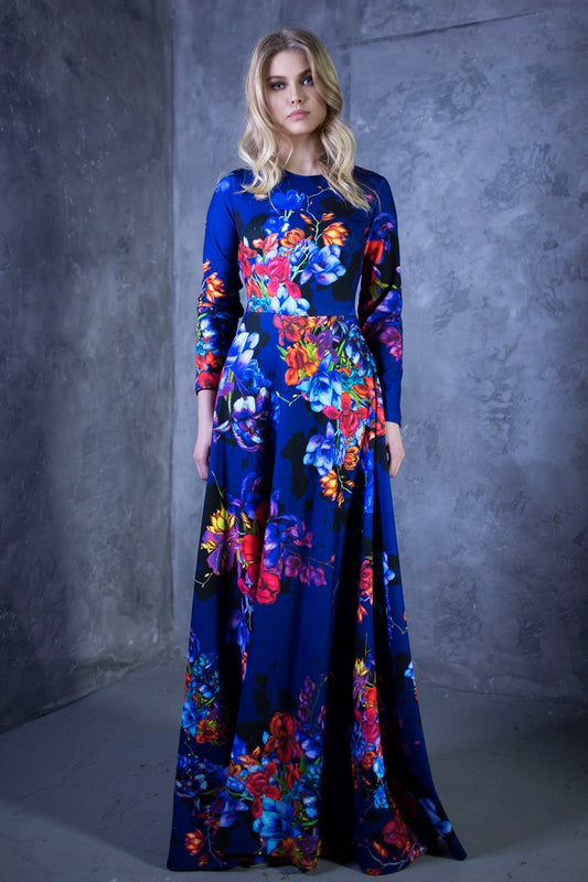 Dark blue dress with painted flowers