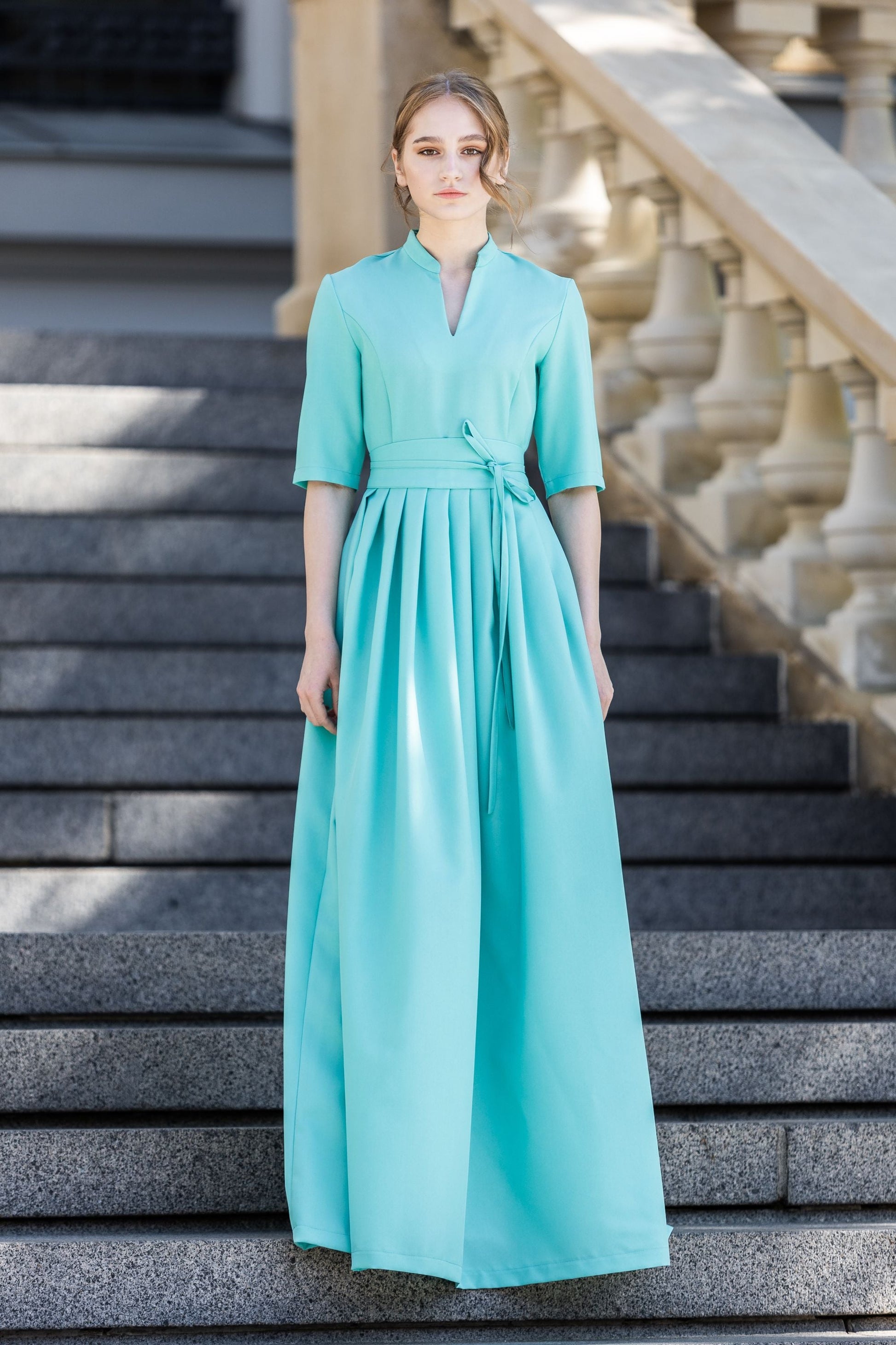 Turquoise/ Sea colour classic maxi dress with pleats and separated bel GUNTINA Turquoise/ Sea colour classic maxi dress with pleats and separated bel GUNTINA