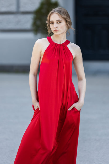 Rotes Abendkleid langes Maxikleid mit nacktem Rücken
