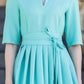 Turquoise/ Sea colour classic maxi dress with pleats and separated belt