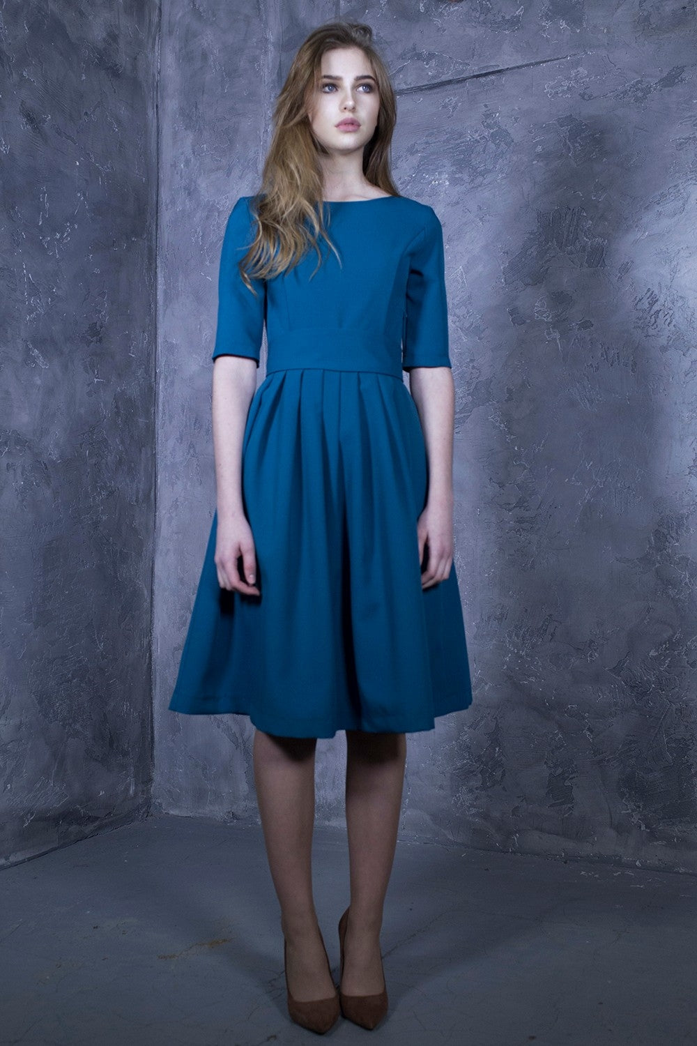 Blue green dress with pleats