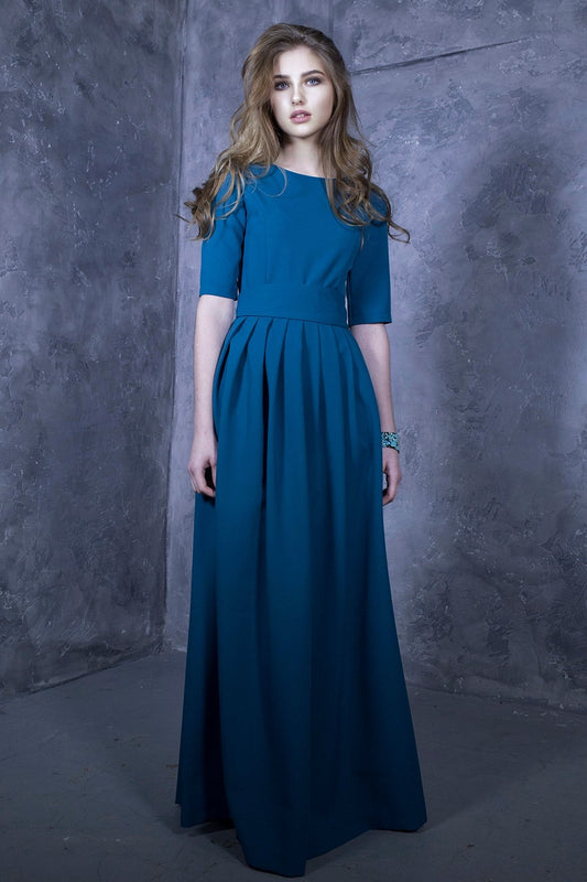 Blue green maxi dress with pleats