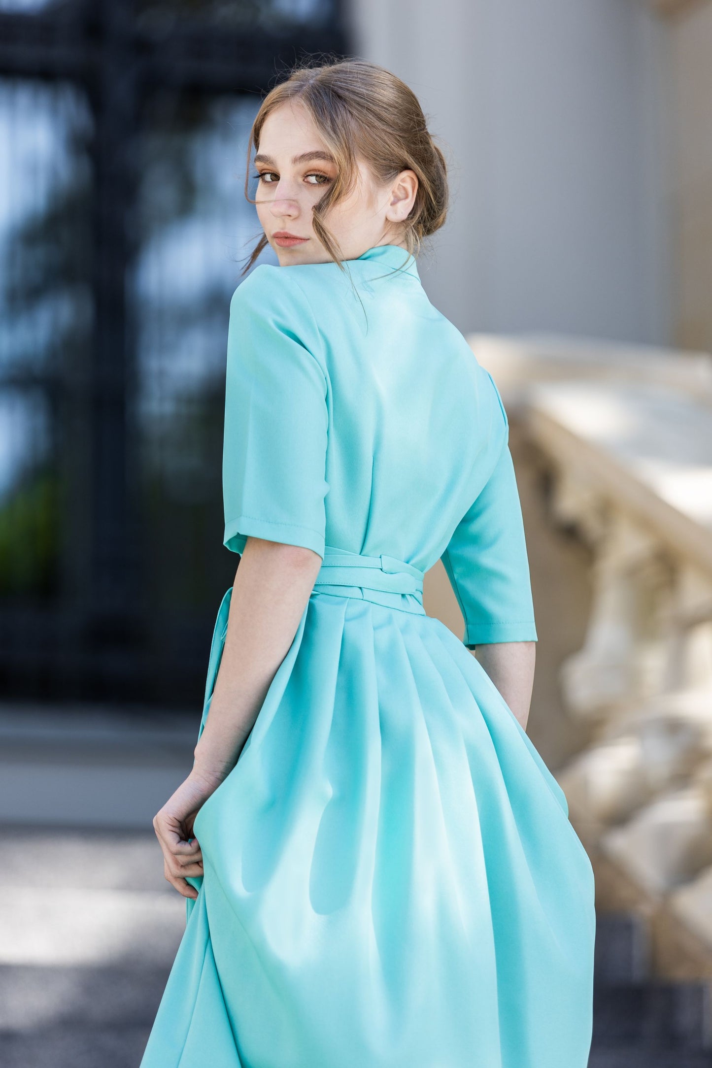 Turquoise/ Sea colour classic maxi dress with pleats and separated belt