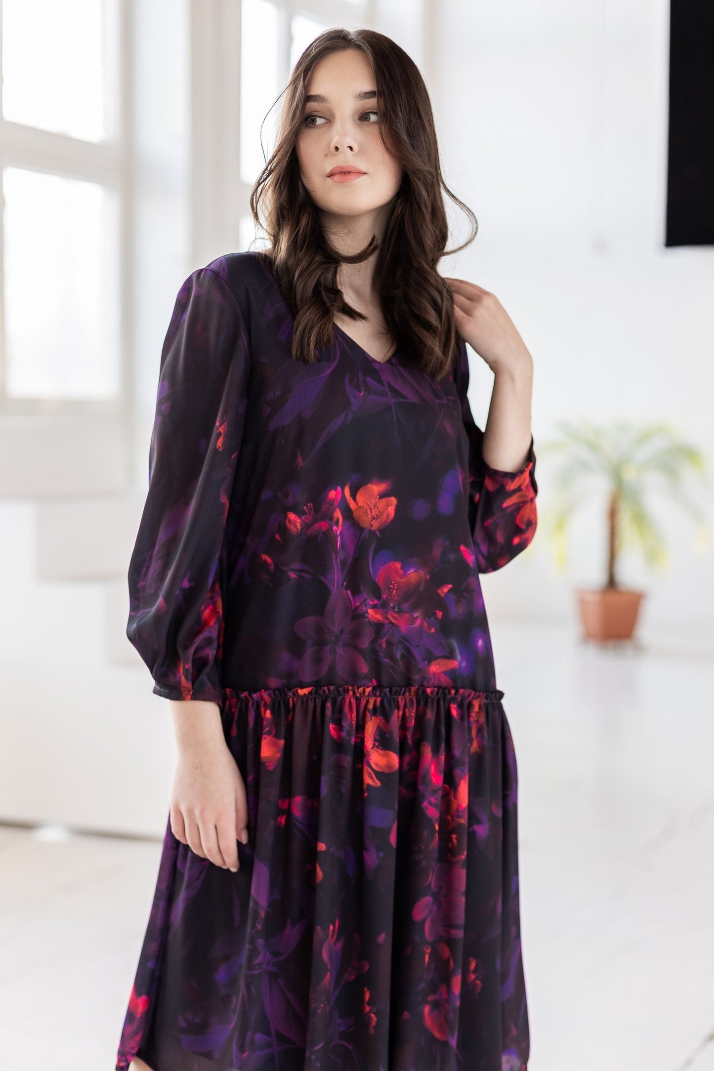 Dark purple chiffon dress with flowers