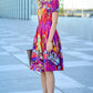 Dress with abstract red-purple print