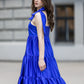 Cornflower blue satin dress with super bows on the shoulders