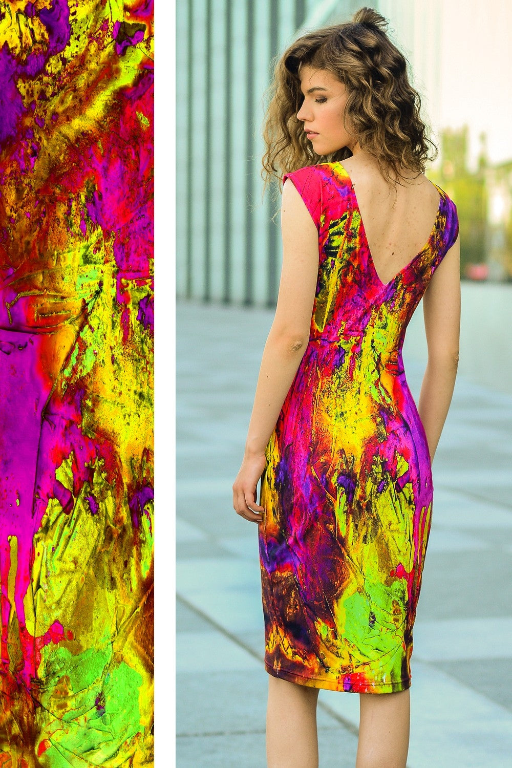Abstract color print dress with cut out back