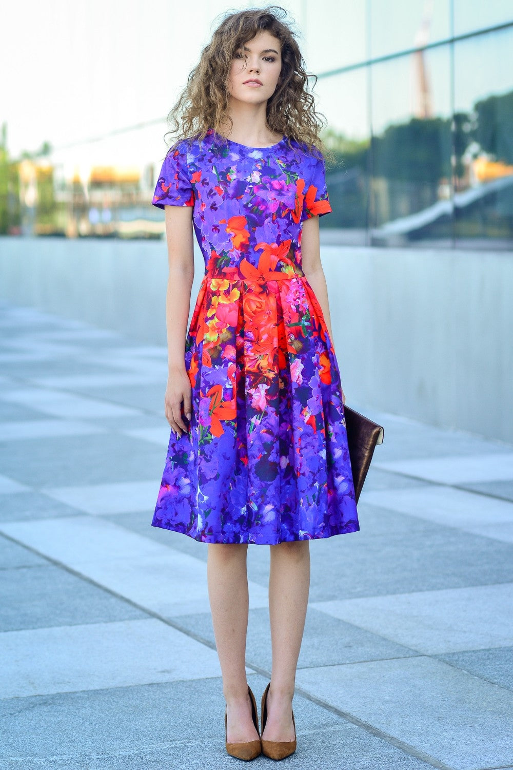 Dress with red-blue flower print