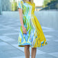 Dress with abstract blue-yellow line print