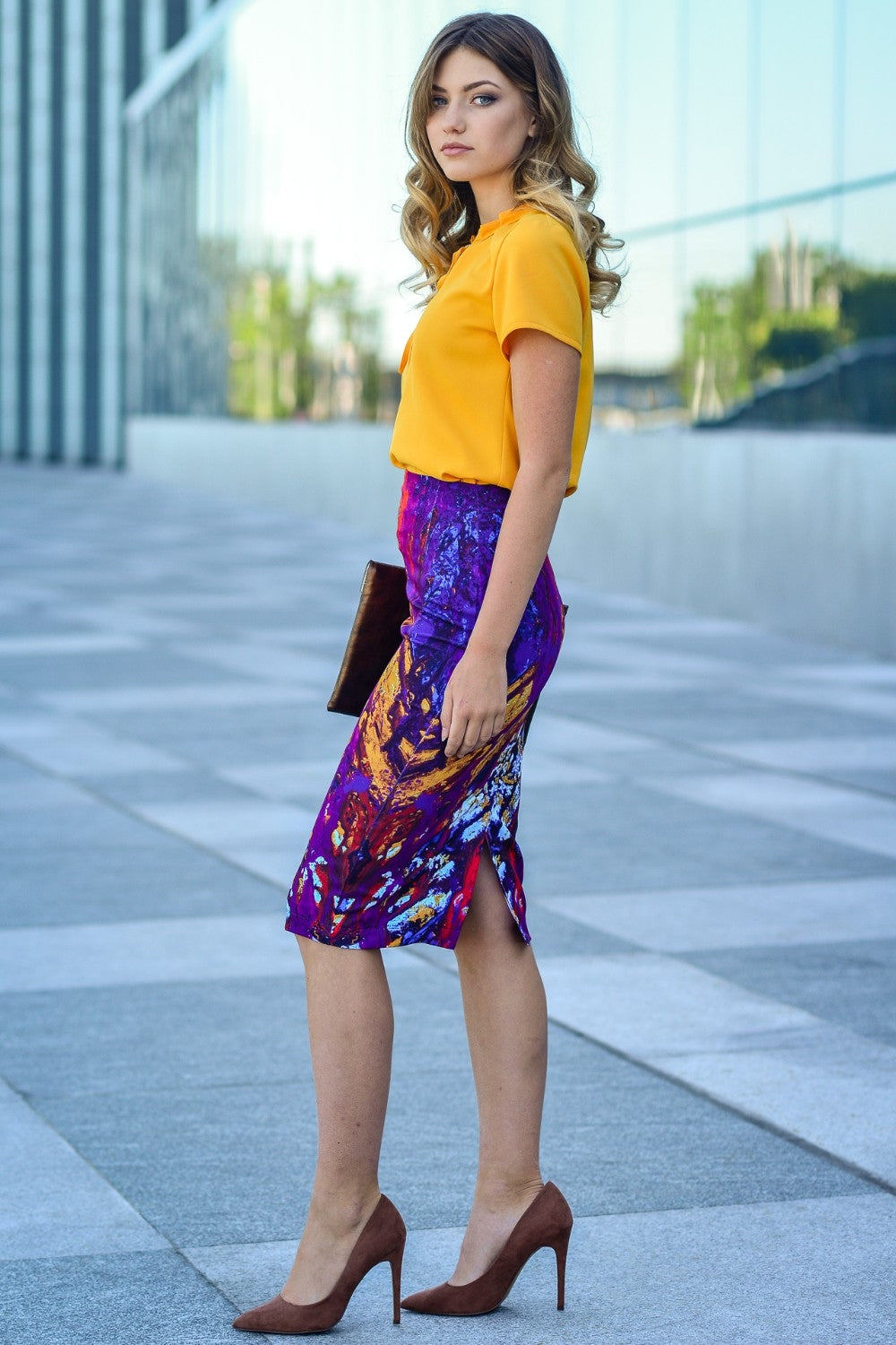 Pencil skirts with red and purple abstract print
