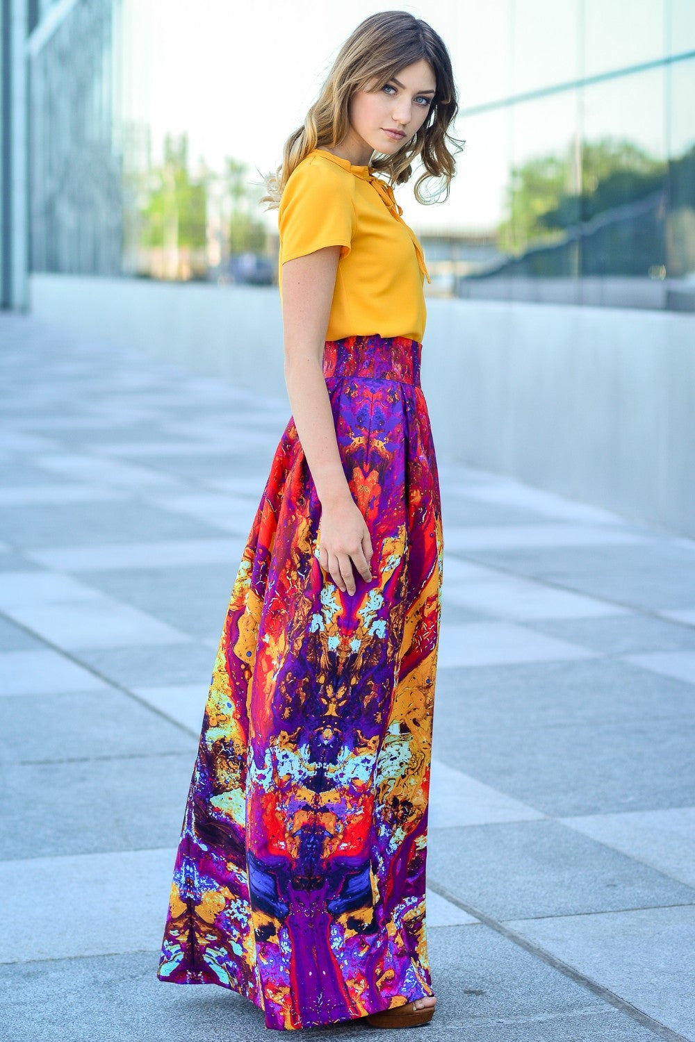 Full maxi skirts with abstract red purple print