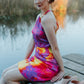 Bright artificial silk dress with abstract print