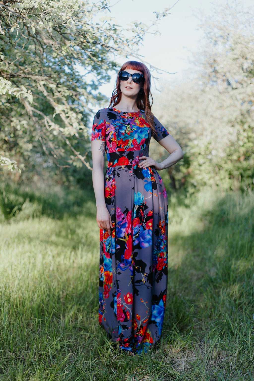 Gray long dress with painted bright flowers