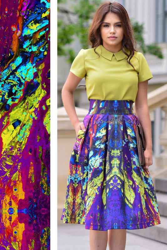 Full skirts with abstract green purple print