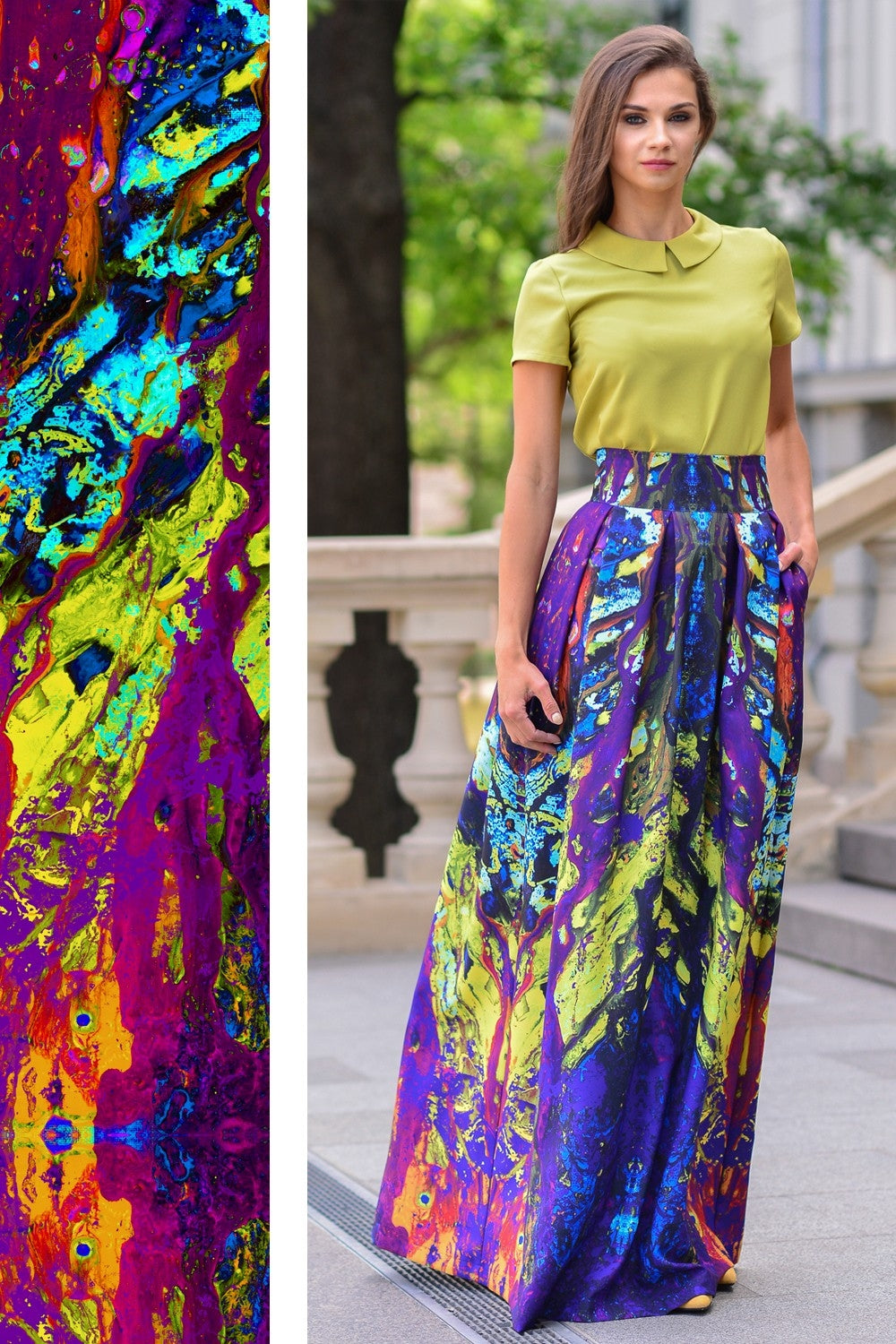 Full maxi skirts with abstract green purple print